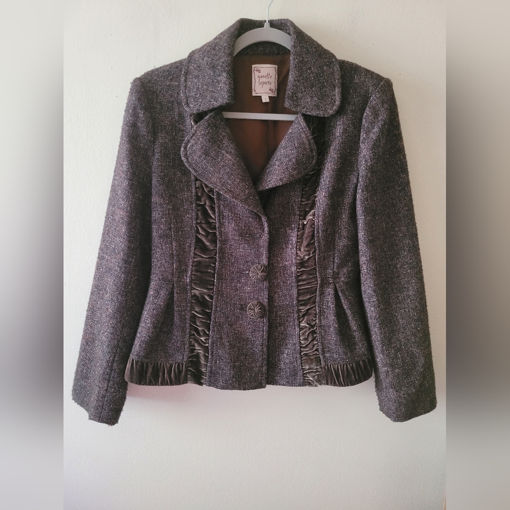 Vintage Nanette Lepore Brown Wool Collar Tweed Velvet Trim Jacket 6